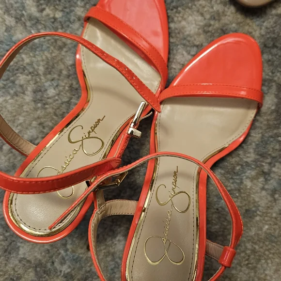 Jessica Simpson Red Heels with Glossy Finish and Thin Straps - Picture 1 of 3